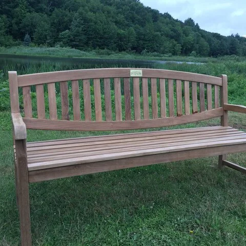 Teak memorial bench at Easton Mountain